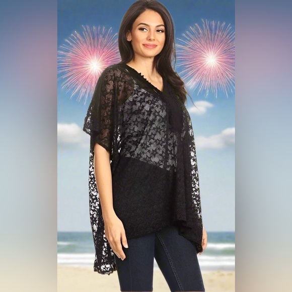 NEW Womens 4th of July Star Print Black Lace Swimsuit Cover Up Kimono Top - Picture 2 of 5
